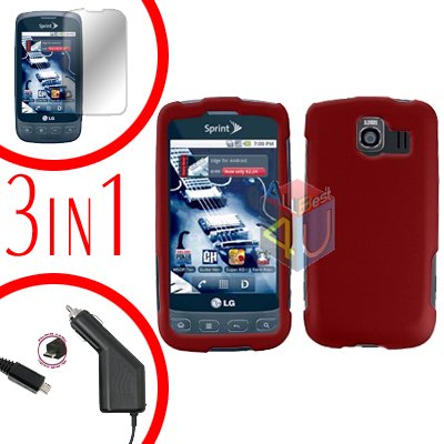 For LG Optimus U US670 Screen +Car Charger +Hard Case Red 3-in-1