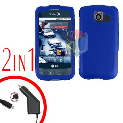 For LG Optimus U US670 Car Charger +Cover Hard Case Rubberized Blue 2-in-1