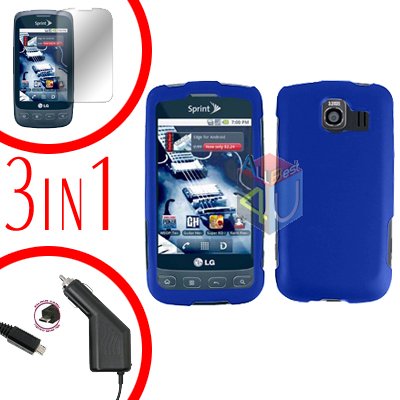 For LG Optimus U US670 Screen +Car Charger +Hard Case Blue 3-in-1