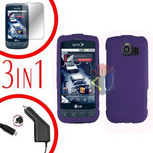 For LG Optimus U US670 Screen +Car Charger +Hard Case Purple 3-in-1