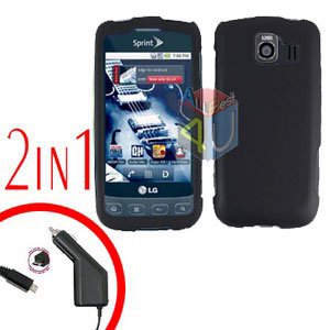 For LG Optimus U US670 Car Charger +Cover Hard Case Rubberized Black 2-in-1