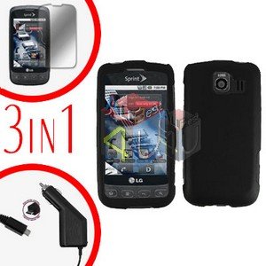 For LG Optimus U US670 Screen +Car Charger +Hard Case Black 3-in-1