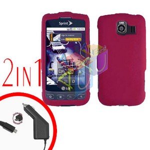 For LG Optimus U US670 Car Charger +Cover Hard Case Rubberized Rose Pink 2-in-1