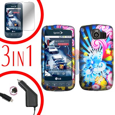 For LG Optimus U US670 Screen +Car Charger +Hard Case A-Flower 3-in-1