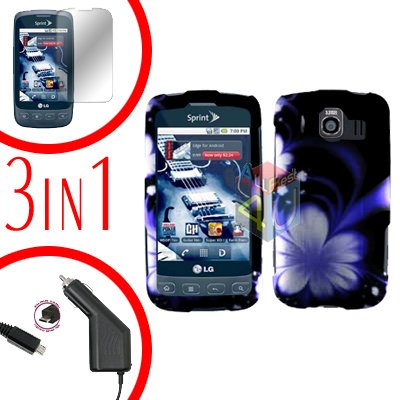 For LG Optimus U US670 Screen +Car Charger +Hard Case B-Flower 3-in-1