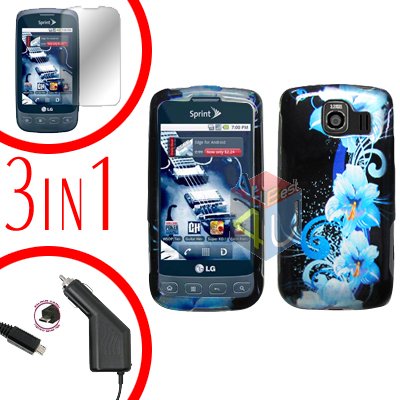 For LG Optimus U US670 Screen +Car Charger +Hard Case Flower 3-in-1