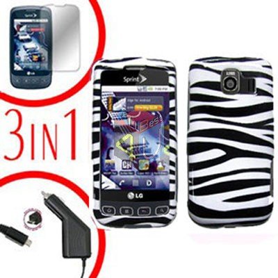 For LG Optimus U US670 Screen +Car Charger +Hard Case Zebra 3-in-1
