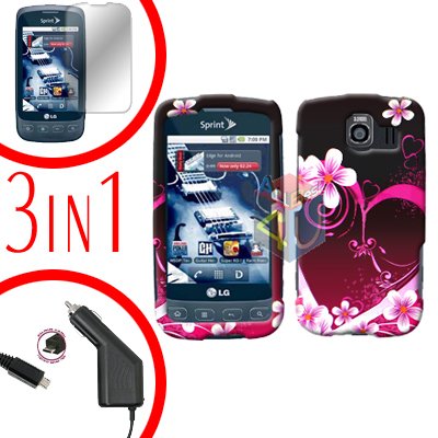 For LG Optimus U US670 Screen +Car Charger +Hard Case Love 3-in-1