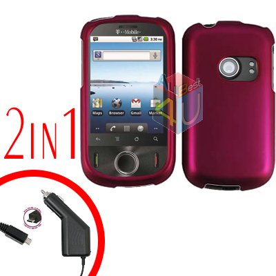 For Huawei Ideos U8150 Car Charger + Cover Hard Case Rubberized Rose Pink 2-in-1