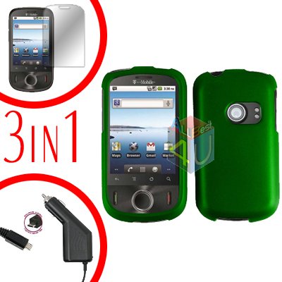 For Huawei Ideos U8150 Screen +Car Charger +Hard Case Rubberized Green 3-in-1