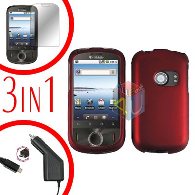 For Huawei Ideos U8150 Screen +Car Charger +Hard Case Rubberized Red 3-in-1