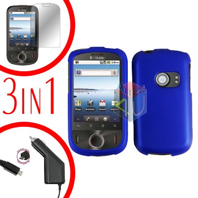 For Huawei Ideos U8150 Screen +Car Charger +Hard Case Rubberized Blue 3-in-1