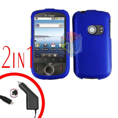 For Huawei Ideos U8150 Car Charger + Cover Hard Case Rubberized Blue 2-in-1