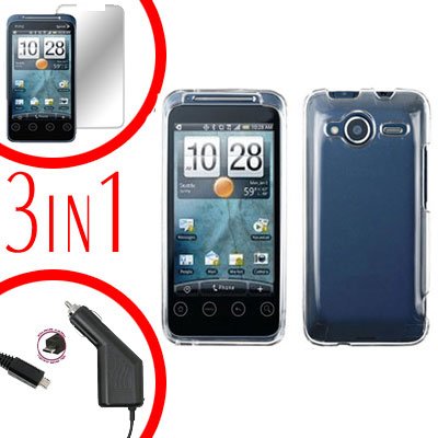 For HTC Evo Shift 4G Screen +Car Charger +Cover Hard Case Transparent Clear 3-in-1