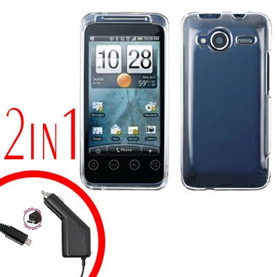 For HTC Evo Shift 4G Car Charger +Cover Hard Case Transparent Clear 2-in-1