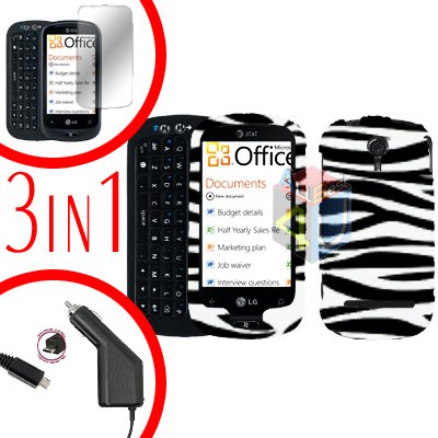 For LG Quantum C900 Screen +Car Charger + Hard Case Zebra 3-in-1