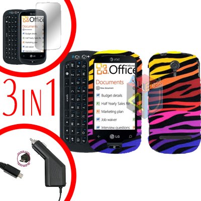 For LG Quantum C900 Screen +Car Charger + Hard Case C-Zebra 3-in-1