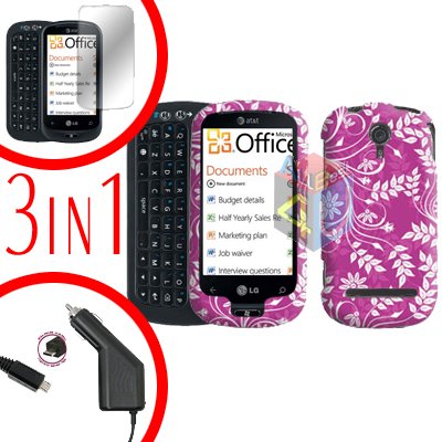 For LG Quantum C900 Screen +Car Charger + Hard Case P-Flower 3-in-1
