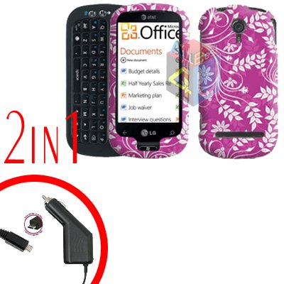 For LG Quantum C900 Car Charger +Cover Hard Case P-Flower 2-in-1