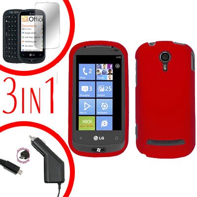 For LG Quantum C900 Car Charger + Hard Case Rubberized Red +Screen 3-in-1