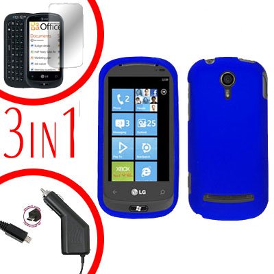 For LG Quantum C900 Car Charger + Hard Case Rubberized Blue +Screen 3-in-1