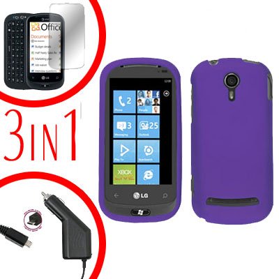 For LG Quantum C900 Car Charger + Hard Case Rubberized Red +Screen 3-in-1