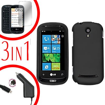 For LG Quantum C900 Car Charger + Hard Case Rubberized Black +Screen 3-in-1