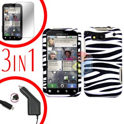 For Motorola Defy MB525 Screen +Car Charger +Cover Hard Case Zebra 3-in-1