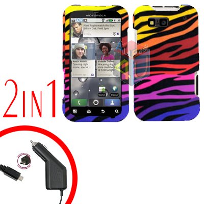 For Motorola Defy MB525 Car Charger + Cover Hard Case C-Zebra 2-in-1