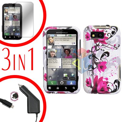 For Motorola Defy MB525 Screen +Car Charger +Cover Hard Case W-Flower 3-in-1