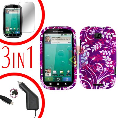 For Motorola Bravo MB520 Screen +Car Charger +Cover Hard Case P-Flower 3-in-1