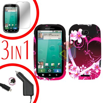 For Motorola Bravo MB520 Screen +Car Charger +Cover Hard Case Love 3-in-1