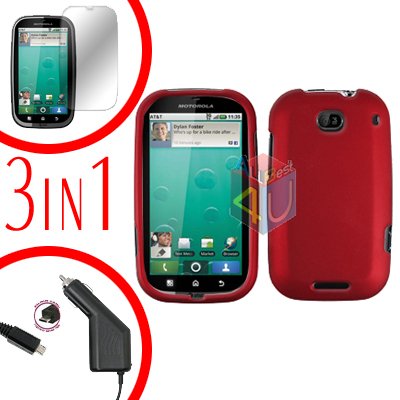 For Motorola Bravo MB520 Screen +Car Charger +Cover Hard Case Rubberized Red 3-in-1