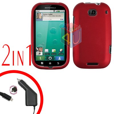 For Motorola Bravo MB520 Car Charger + Cover Hard Case Rubberized Red 2-in-1