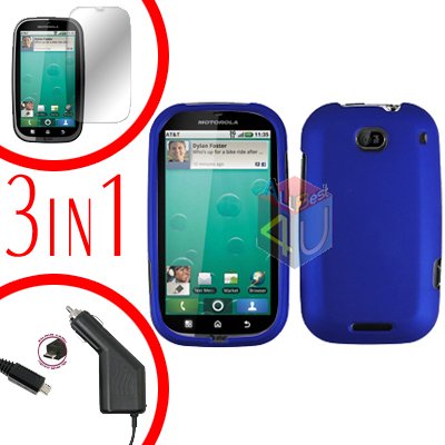 For Motorola Bravo MB520 Screen +Car Charger +Cover Hard Case Rubberized Blue 3-in-1