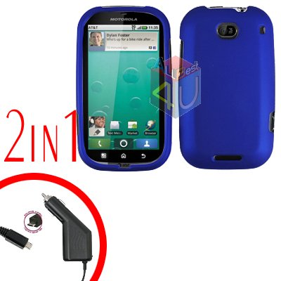 For Motorola Bravo MB520 Car Charger + Cover Hard Case Rubberized Blue 2-in-1