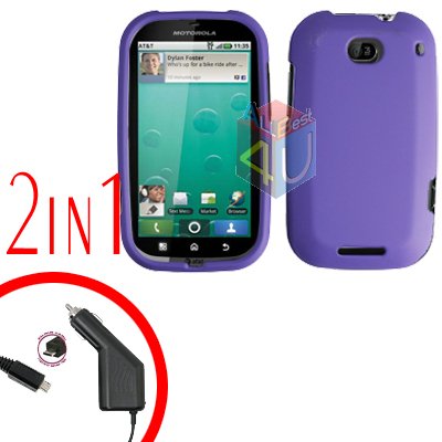 For Motorola Bravo MB520 Car Charger + Cover Hard Case Rubberized Purple 2-in-1