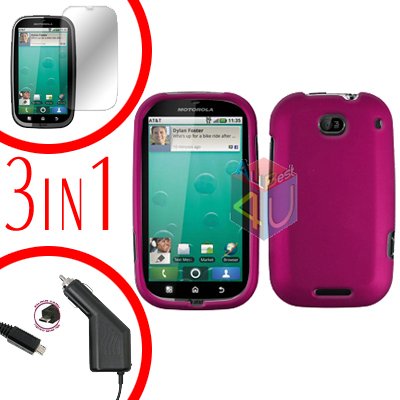 For Motorola Bravo MB520 Screen +Car Charger +Cover Hard Case Rubberized Rose Pink 3-in-1