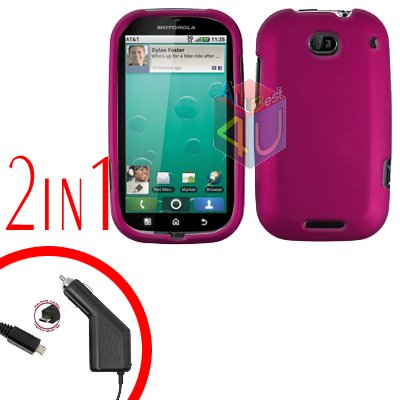 For Motorola Bravo MB520 Car Charger + Cover Hard Case Rubberized Rose Pink 2-in-1