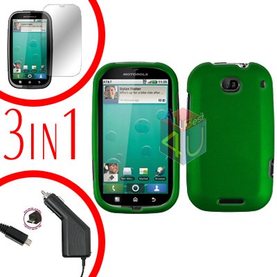 For Motorola Bravo MB520 Screen +Car Charger +Cover Hard Case Rubberized Green 3-in-1