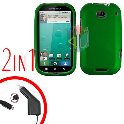For Motorola Bravo MB520 Car Charger + Cover Hard Case Rubberized Green 2-in-1