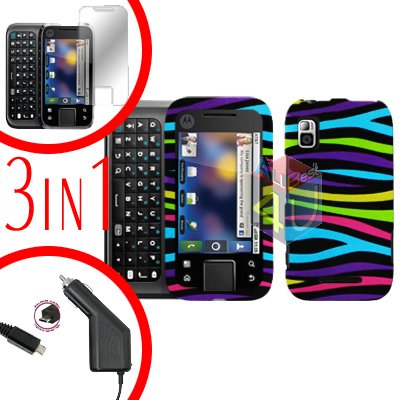 For Motorola Flipside MB508 Screen +Car Charger +Cover Hard Case Rainbow 3-in-1