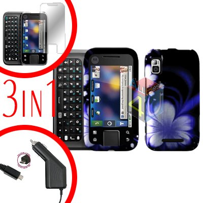 For Motorola Flipside MB508 Screen +Car Charger +Cover Hard Case B-Flower 3-in-1