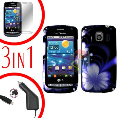 For LG Vortex VS660 Screen +Car Charger +Hard Case B-Flower 3-in-1