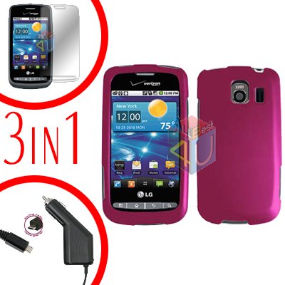 For LG Vortex VS660 Screen +Car Charger +Hard Case Rose Pink 3-in-1