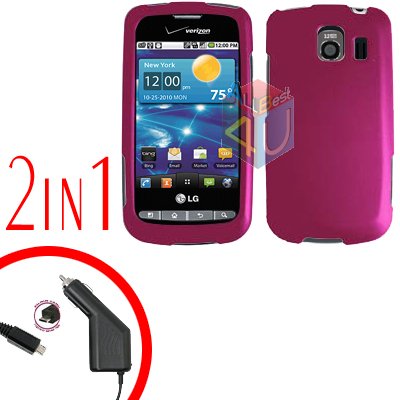 For LG Vortex VS660 Car Charger +Cover Hard Case Rubberized Rose Pink 2-in-1