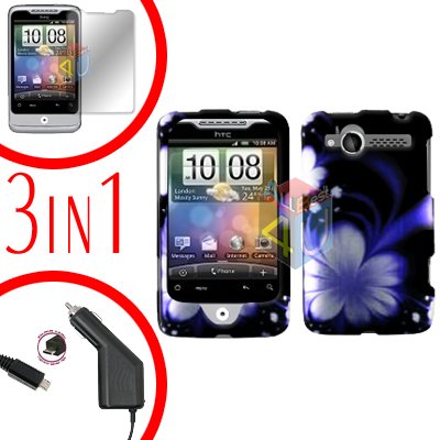 For HTC Wildfire 6225 Screen +Car Charger +Cover Hard Case B-Flower 3-in-1