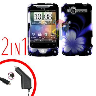 For HTC Wildfire Car Charger +Cover Hard Case B-Flower 2-in-1