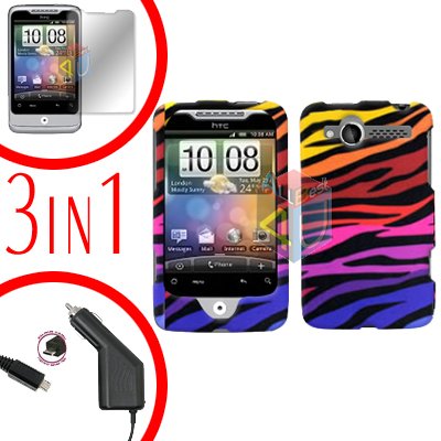 For HTC Wildfire 6225 Screen +Car Charger +Cover Hard Case C-Zebra 3-in-1