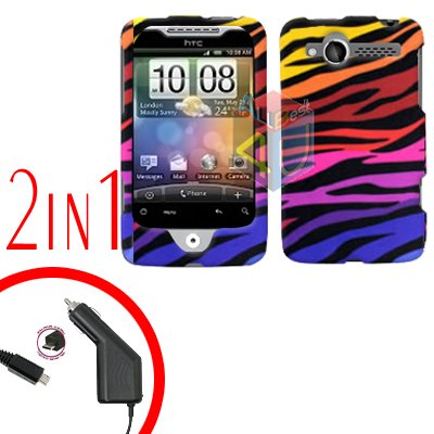 For HTC Wildfire Car Charger +Cover Hard Case C-Zebra 2-in-1